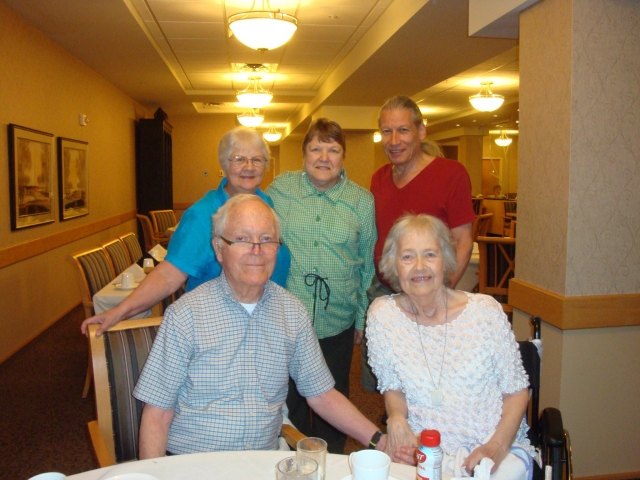 A visit with Miles and Zita Lundahl August 2012. Audrey Buss (Quick), Sharon Tucker (Hoover), and Richard Neely. 